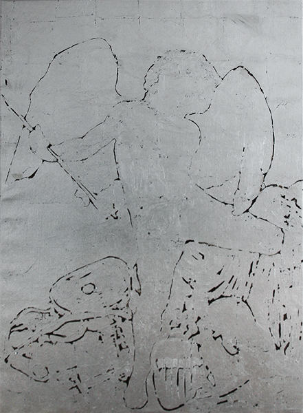 Laura Cionci, Caravaggio | Amor Vincit Omnia, "AMOR VINCIT OMNIA", 2017<br/>silver leaf on canvas, 156 x 113 cm