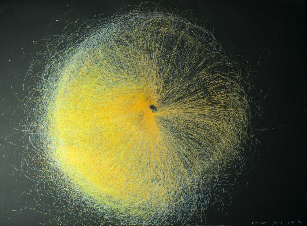 Cameron Robbins, "MonMon 1-05-19 40kmh 3hrs (Black Hole)”, 2019 <br/> Gel Inks on Magnani paper, 56 x 76 cm