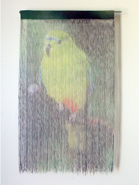 Jane Burns, By a Thread - Orange-bellied parrot, 2018<br/>Water-based, non-toxic, solvent free pigment ink on linen fabric, linen thread, stainless steel, 76 x 49 x 6 cm
