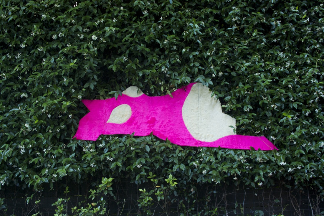 Stephanie Leigh<br/>‘The Hanging Pink Woman’ 2015 <br/>Shag fabric on plywood 60 x 120 cm