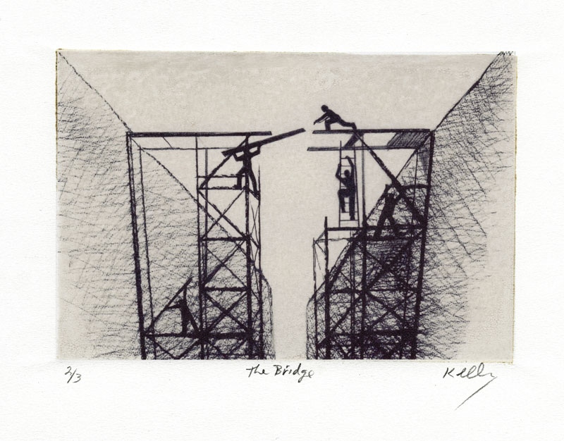 'The Bridge' (Asylum Folio), 2014-15<br>Linocut and hand worked digital print, 20 x 29 cm<br>edition of 3